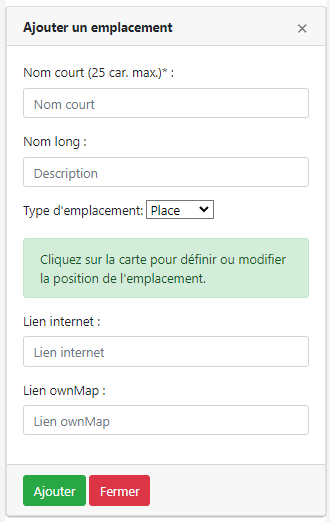 Panneau d'ajout d'un emplacement